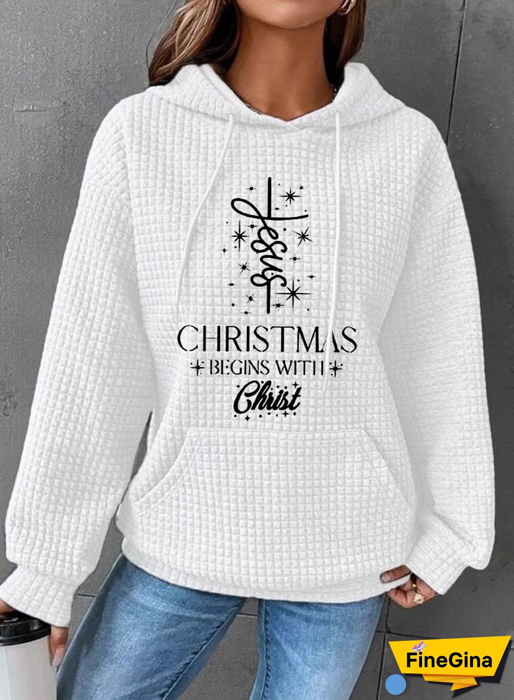 Women's Christmas Begins with Jesus Print Waffle Hoodie