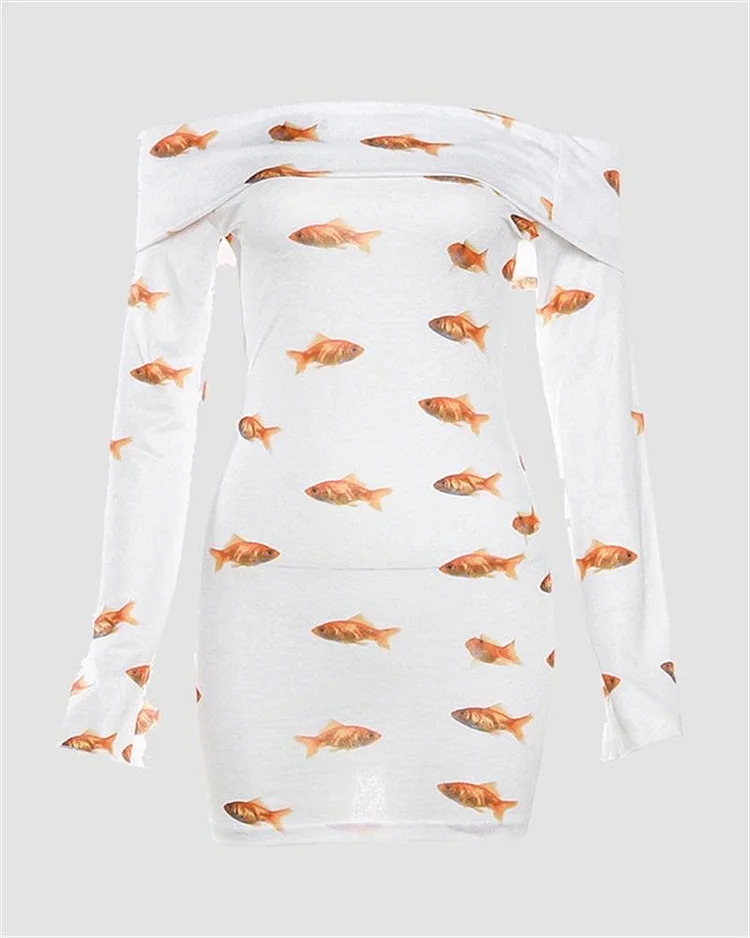 Goldfish Print Off Shoulder Mini Dress