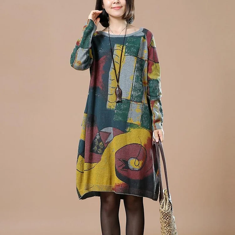 Green print autumn dresses plus size dress