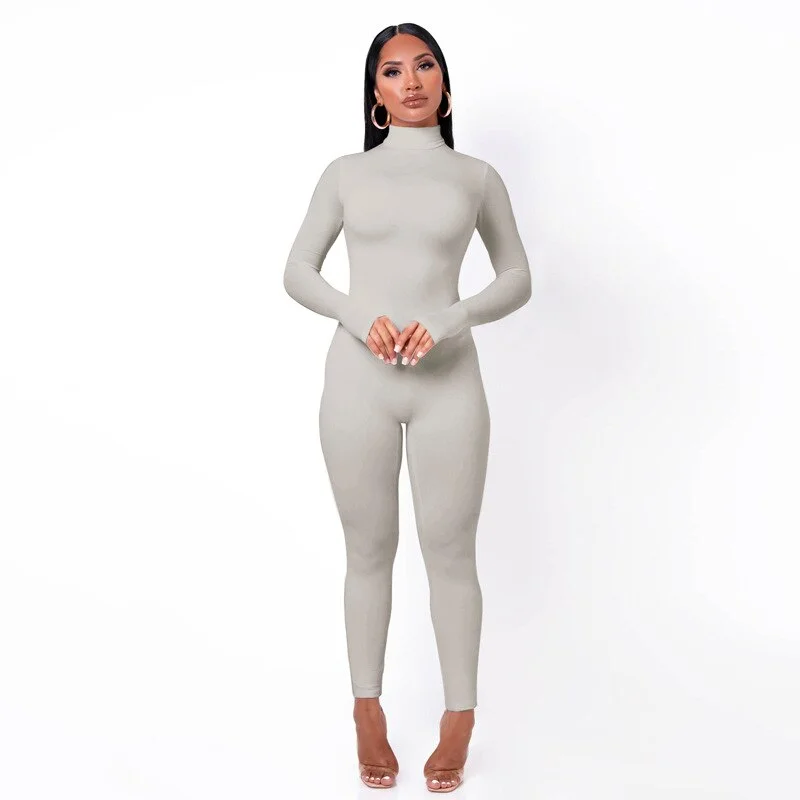 Hugcitar Long Sleeve Solid Turtleneck Skinny Bodycon Jumpsuit Autumn Winter Women Fashion Streetwear Casual Romper