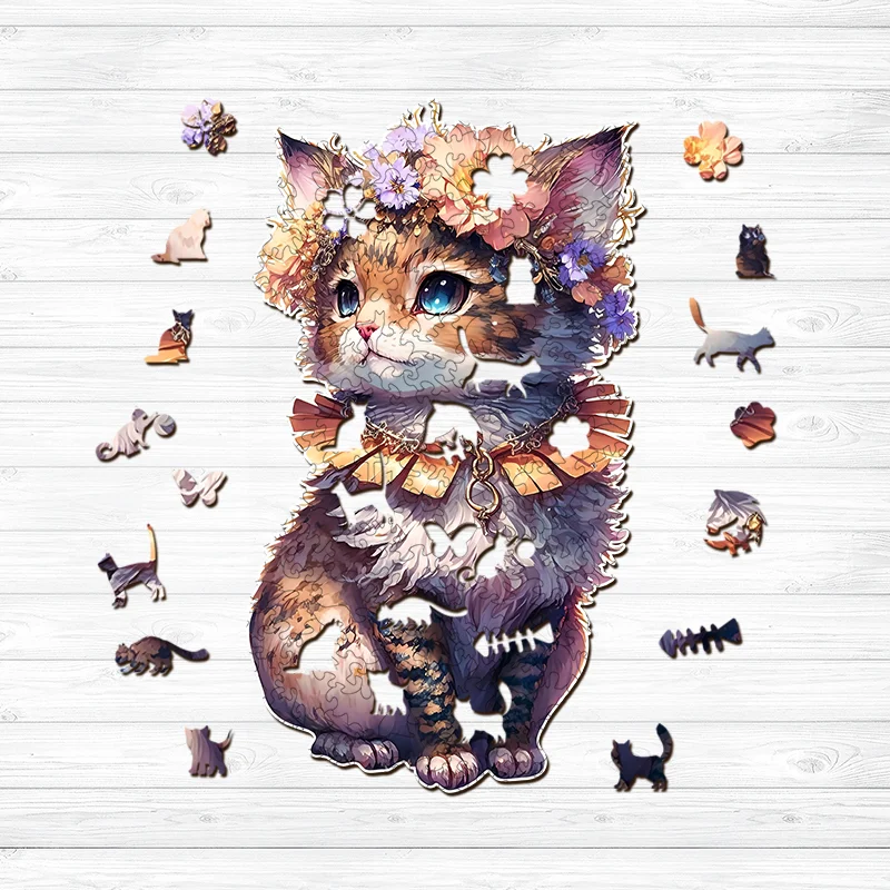 Jeffpuzzle™-Jeffpuzzle™Lovely Flowered Kitten Wooden Jigsaw Puzzle