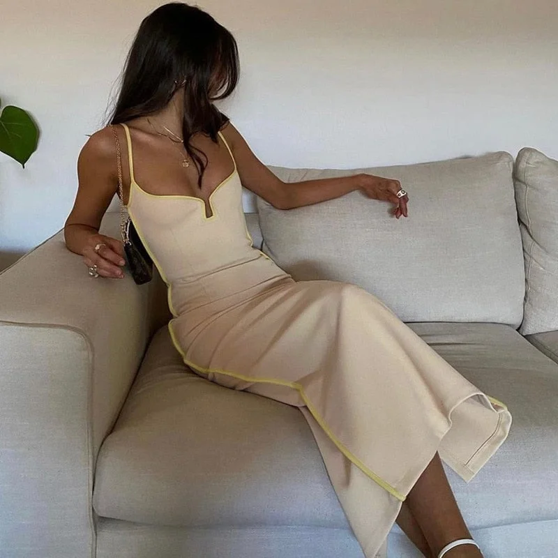 wsevypo Contrast Color Spaghetti Strap Long Dress Elegant Party Vestidos Women Sleeveless Low Cut V-Neck Bodycon Sundress