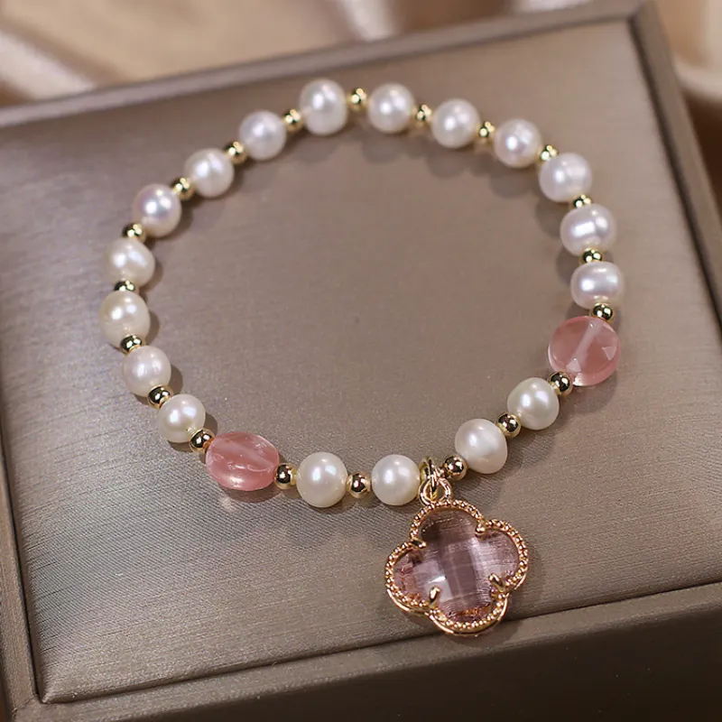Four Leaf Clover Pearl Crystal Bracelet