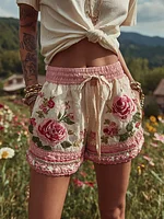Women's Patchwork Rose Floral Contrast Drawstring Shorts