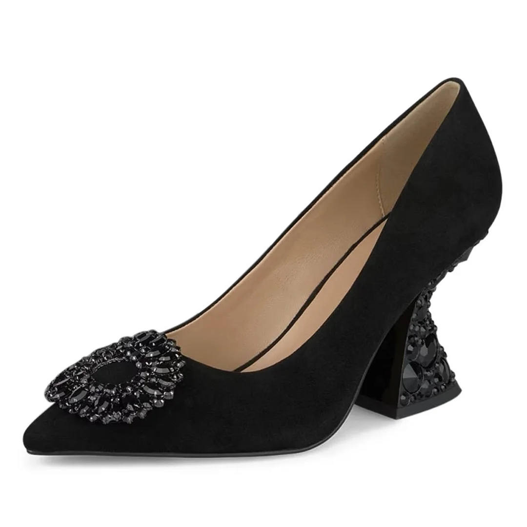 Black Faux Suede Pointed Toe Rhinestone Embellished Elegant Pumps