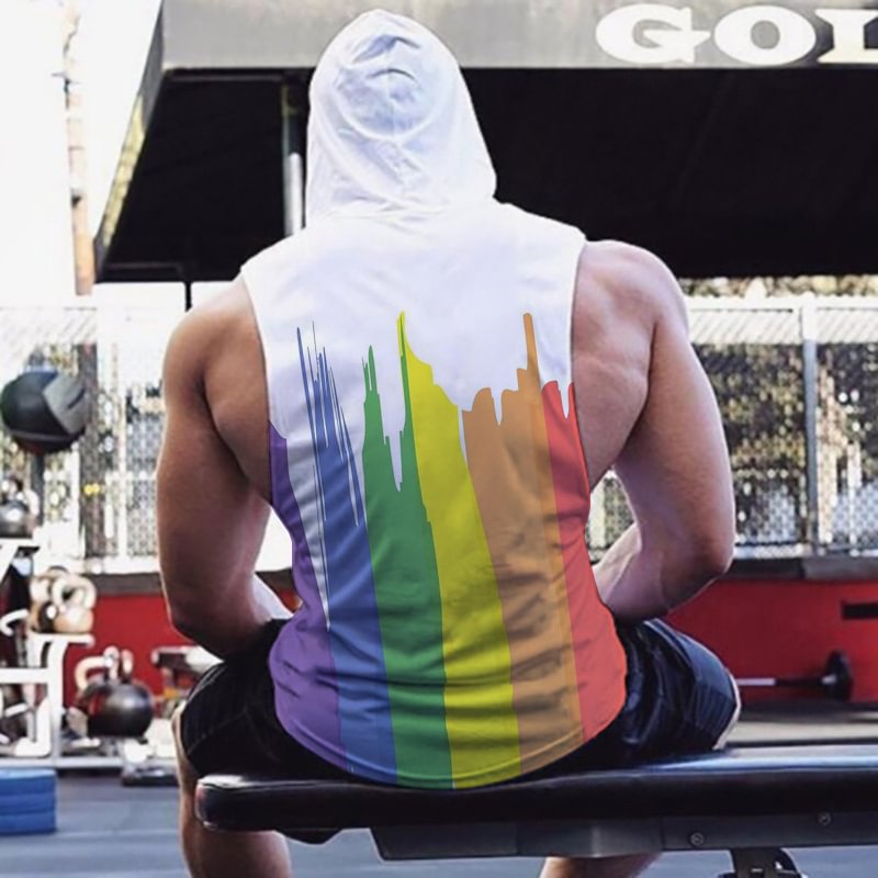 POD Hooded Sleeveless Tank Top Men's Rainbow Print Sports Loose T-Shirt