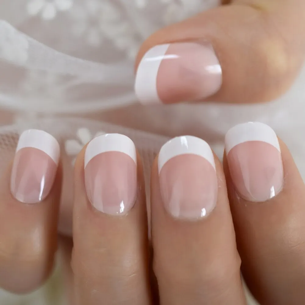 24Pcs Short Squoval Pink&white Edge Nails DIY Wholesale Full Cover Nails Gels Nails Set-Nail Inspo