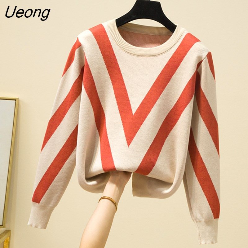 Ueong Knitted Women Sweater Loose Striped Jersey Mujer Winter Clothes Women Autumn O Neck Pullover Long Sleeve Tops Pull Femme