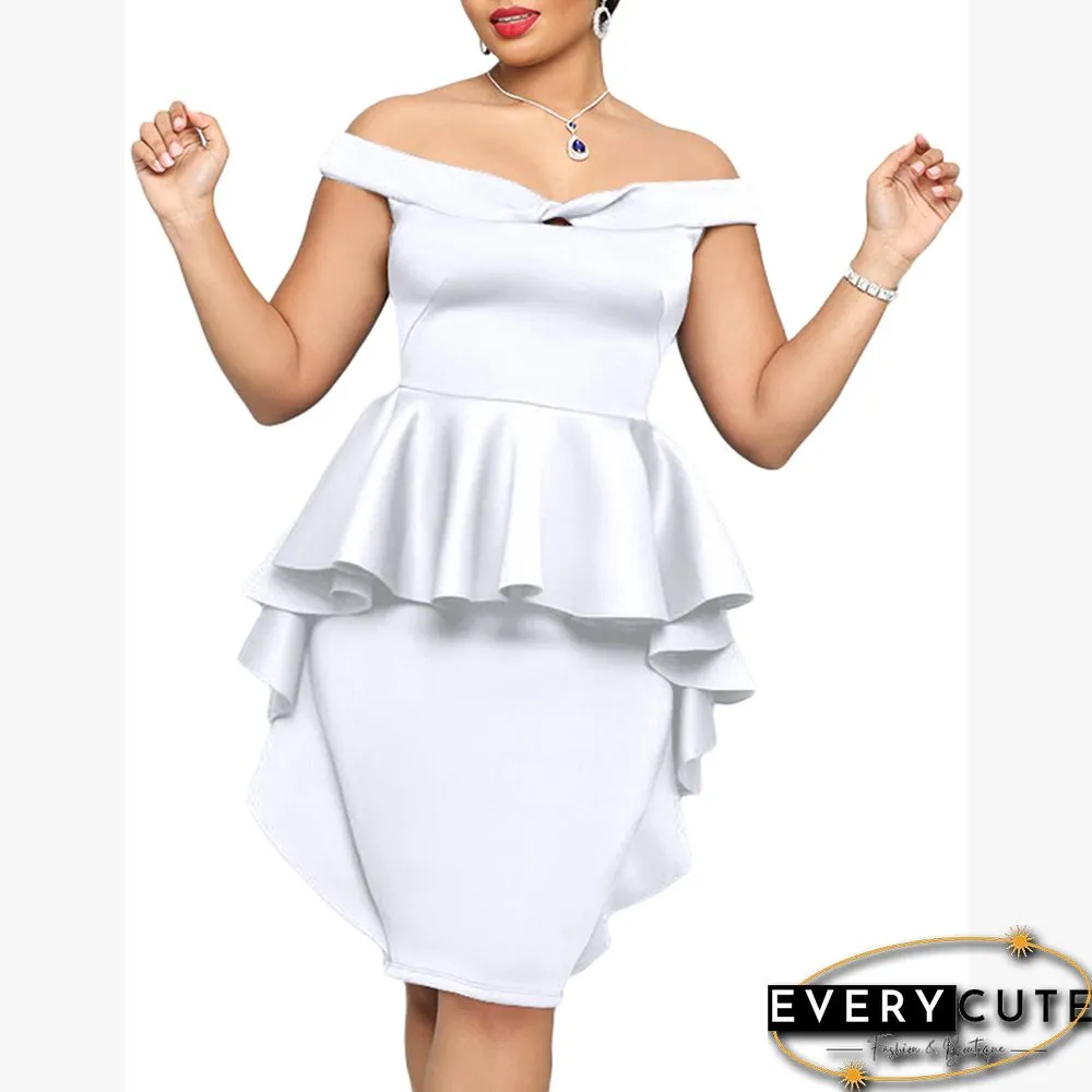 White Off Shoulder Ruffled Pencil Dress
