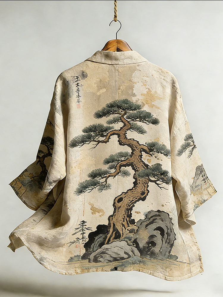 Japanese Art Style Pine Tree Pattern Elegant Cardigan  artssus