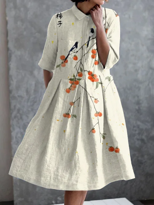 Vintage Art Print Casual Pocket Half Sleeve Dress