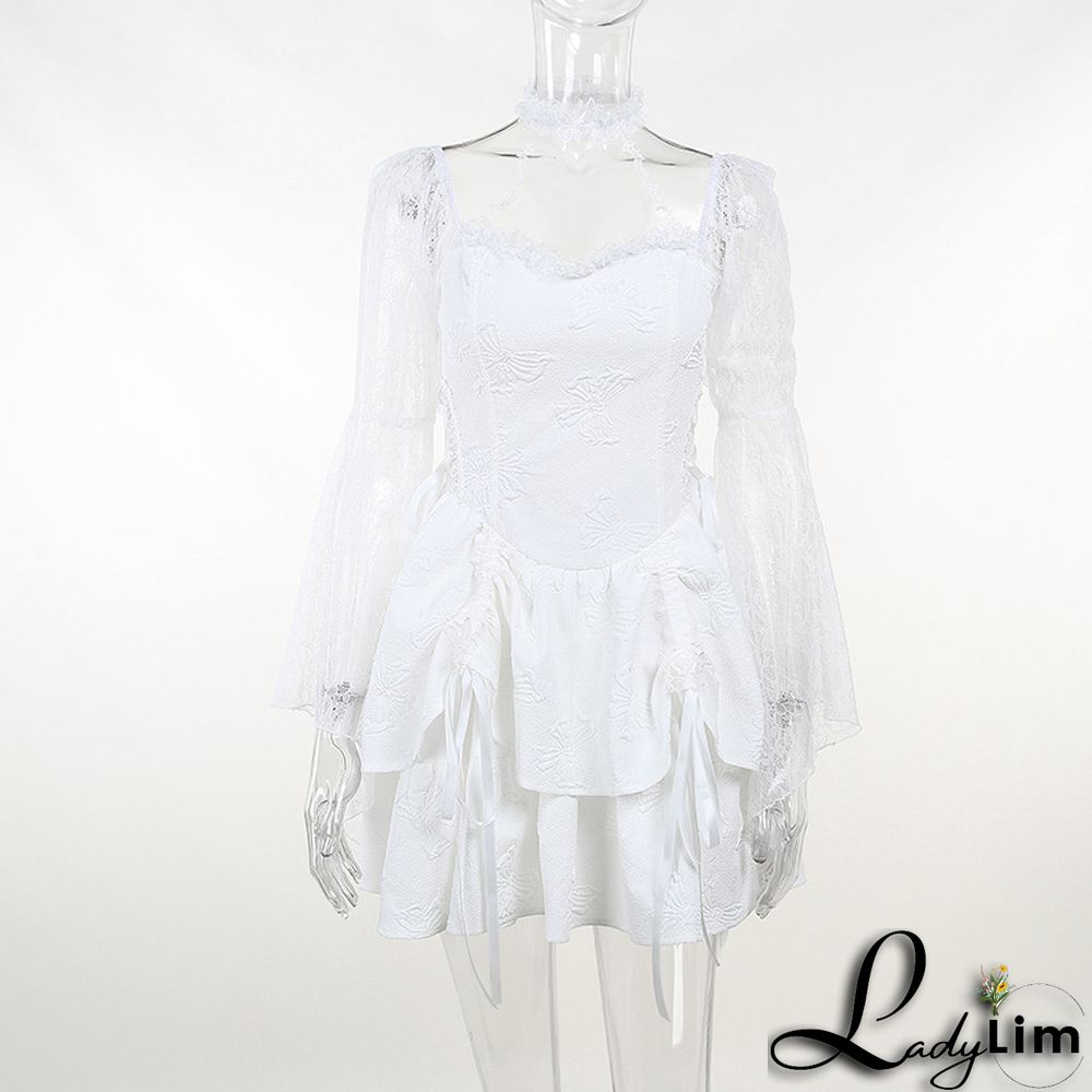 Fall Halter Neck Double Butterfly Lace Long Sleeve A-Line Swing Dress