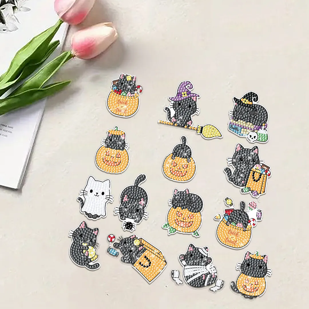DIY Diamond Painting Sticker Diamond Art Stickers Arts and Crafts Decorative Diamond Stickers for Birthday Party Halloween Christmas Gifts (Kitten Pumpkin)