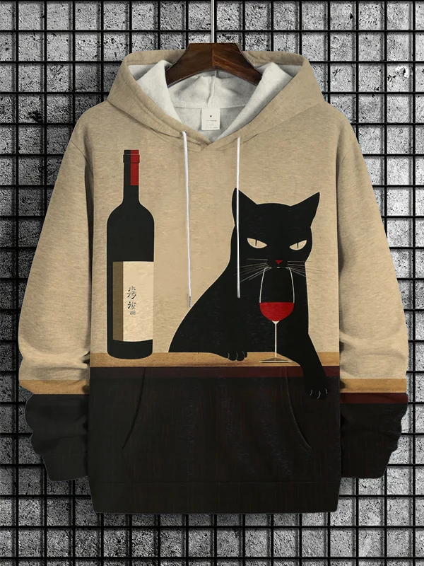 Men's Black Cat Drinking Wine Print Casual Hoodie