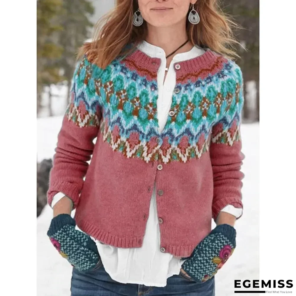 Crew Neck Long Sleeve Tribal Buttoned Women's Cardigans | EGEMISS