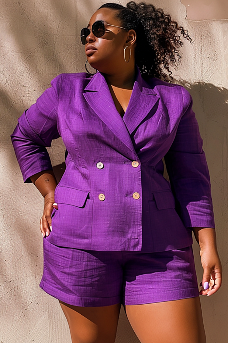 Xpluswear Design Plus Size Business Casual Purple Turndown Collar Long Sleeve Button Linen Two Piece Short Sets [Pre-Order]