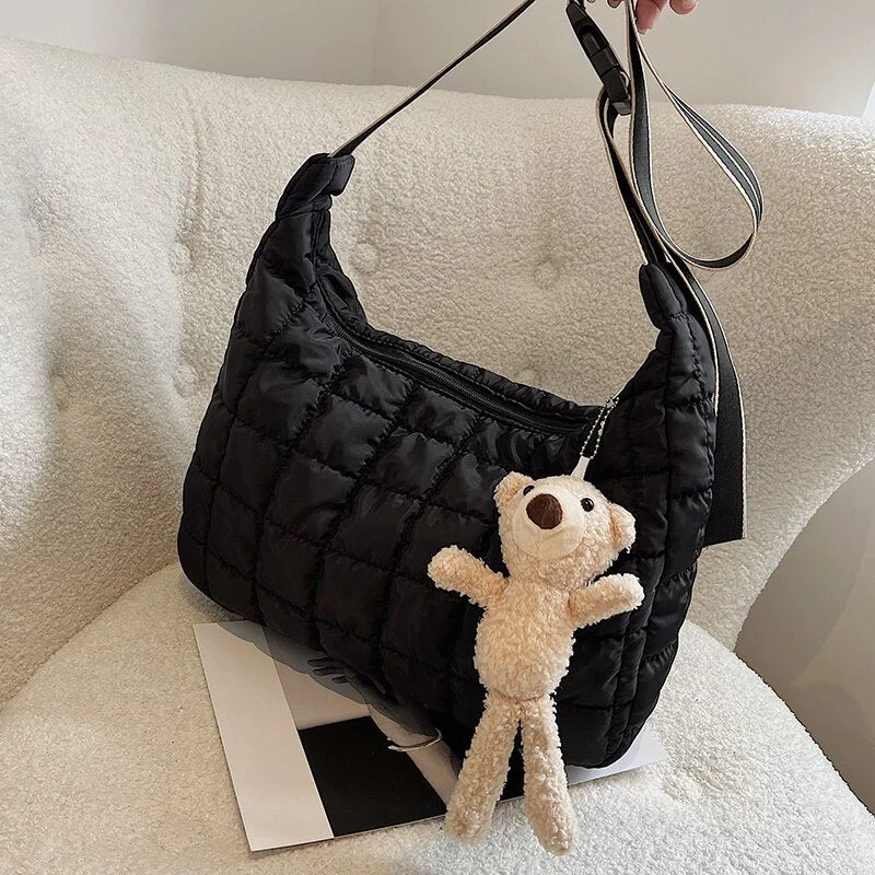 էѧӧܧ Nylon Waterproof Big Grid Soft High Capacity Shoulder Bag for Women 2021 Winter Luxury Fashion Shopper Handbags