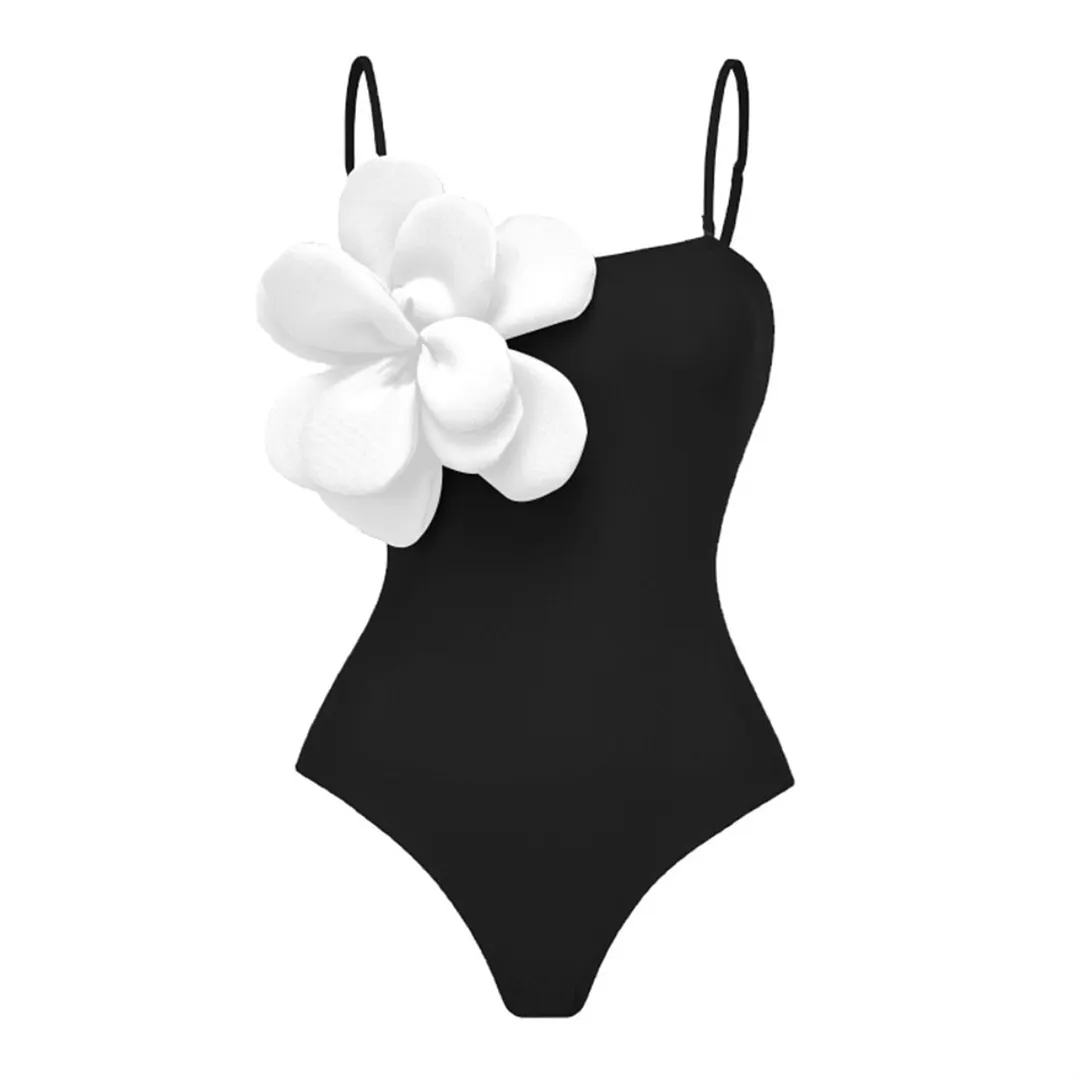 Churchf Solid Color Slings With Breast-Wear Three-Dimensional Flower Sleeves In A Row Swimsuit Women's 2025 New Swimwear