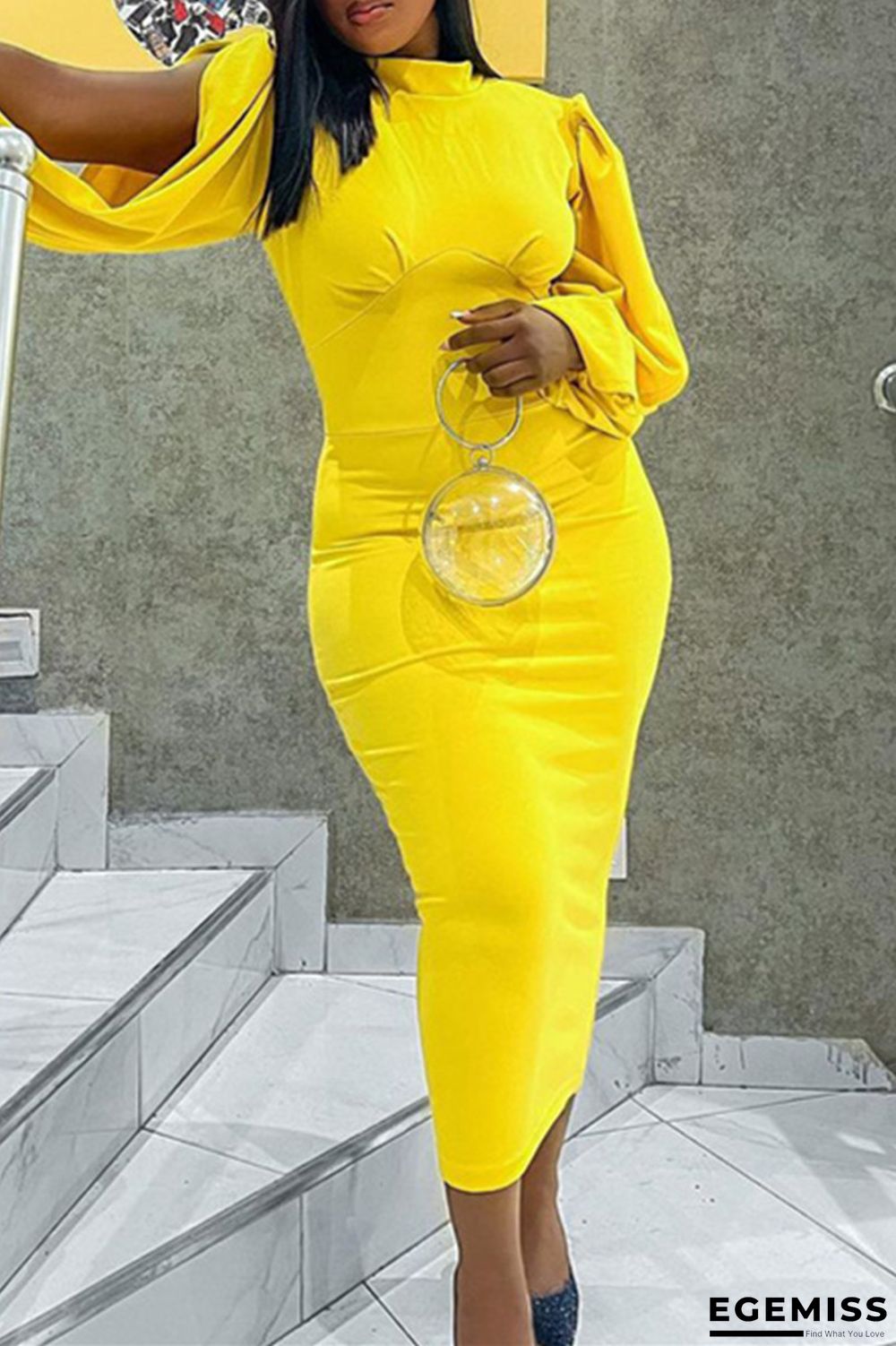 Yellow Fashion Casual Solid Hollowed Out Patchwork Half A Turtleneck Long Sleeve Dresses | EGEMISS