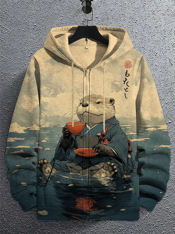 Men's River Kimono Otter Tasting Tea Japanese Art Print Hooded Zip Up Jacket