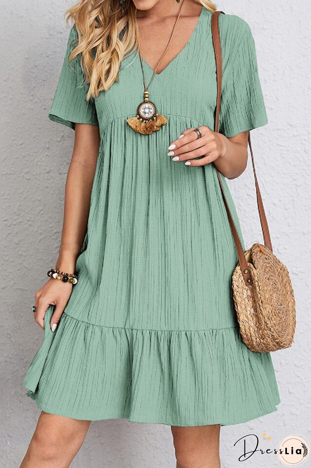 Full Size Ruched V-Neck Short Sleeve Dress