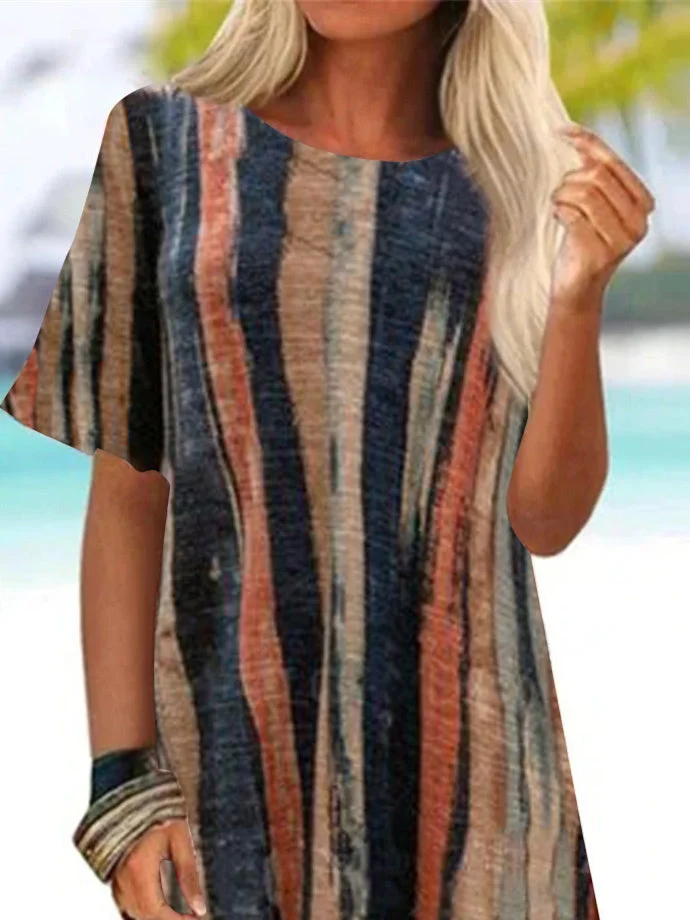 Women Half Sleeve V-neck Solid Color Dress