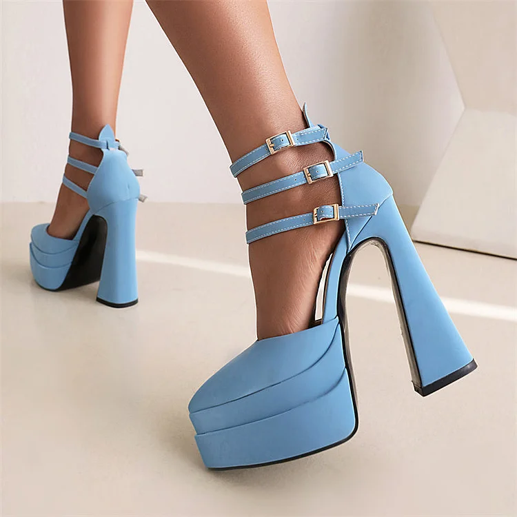 Blue Pointed Toe Buckle Pumps Classic Platform Chunky Heels Office Mary Jane Shoes |FSJ Shoes