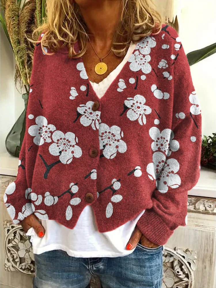 Plum Blossom Japanese Lino Art Cozy Knit Cardigan