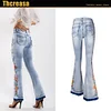 Women's Embroidery Elegant Slim Flared Jeans Long Pants 