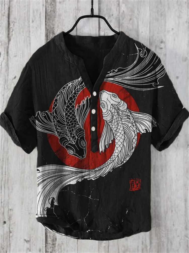 Black & White Carp Fish Sunrise Japanese Art Linen Blend Shirt