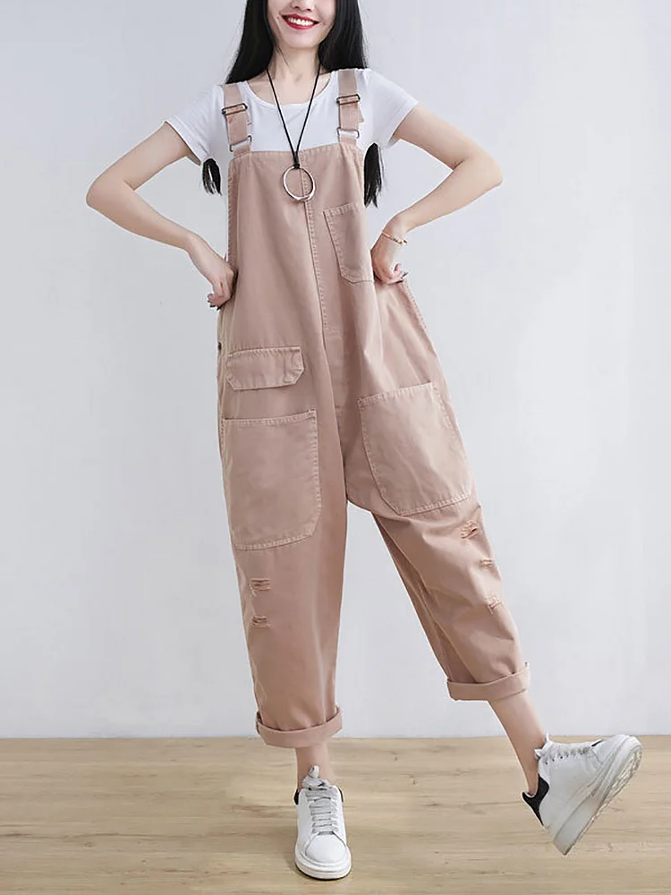 Women Summer Casual Solid Pocket Frayed Loose Jumpsuits