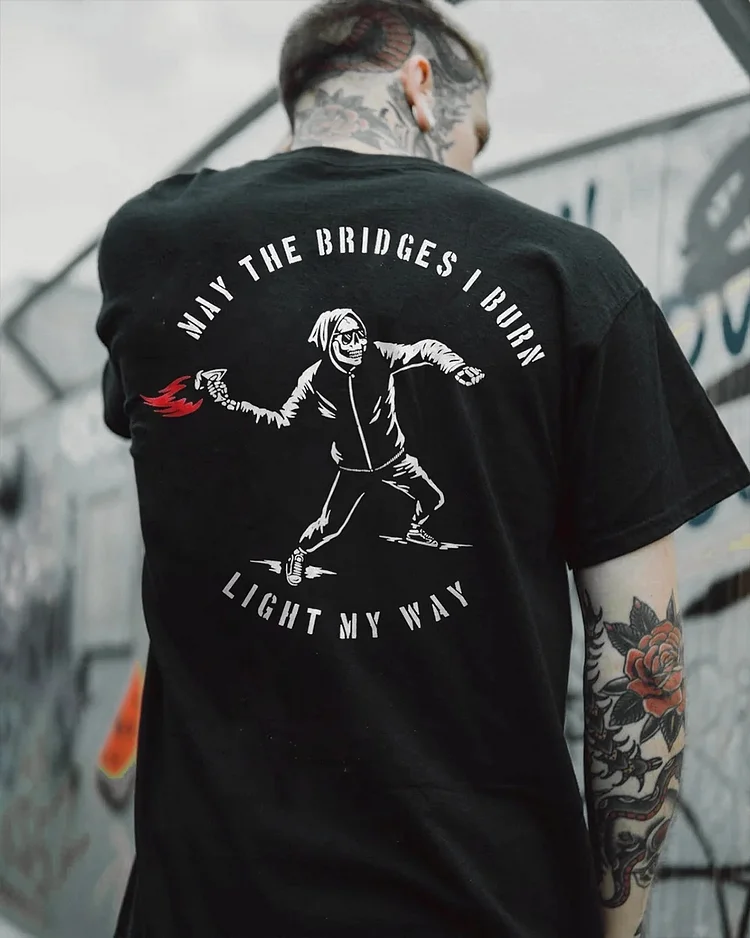 MOTOSUNNY MAY THE BRIDGES I BURN LIGHT MY WAY Black Print T-shirt 391c