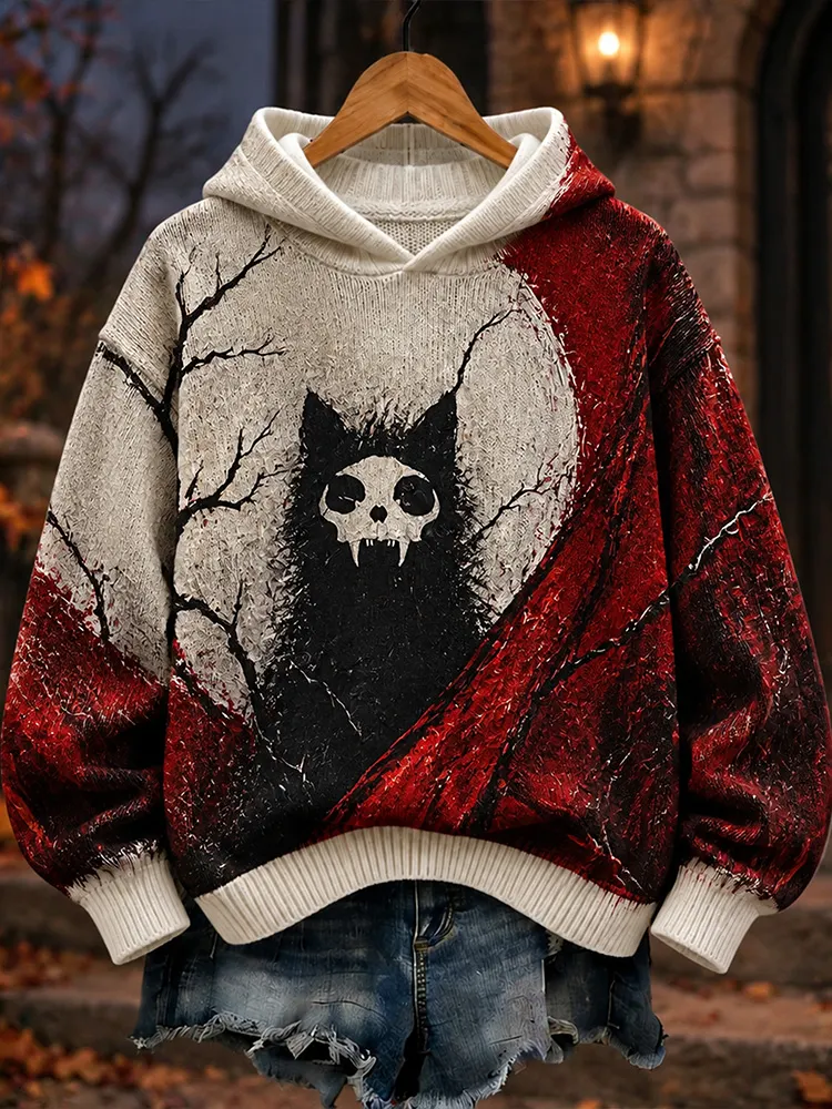 Comstylish Women's Halloween Spooky Skull Black Cat Moon Graphic Hooded Sweater