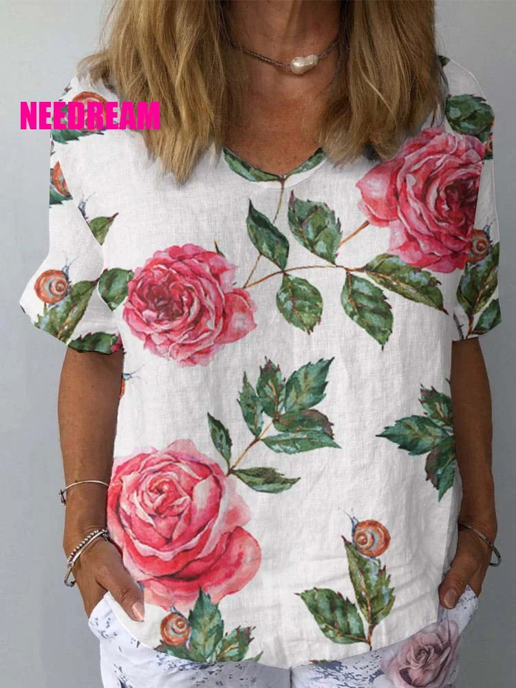 Womens Vintage Floral Pattern Print Cotton And Linen Top
