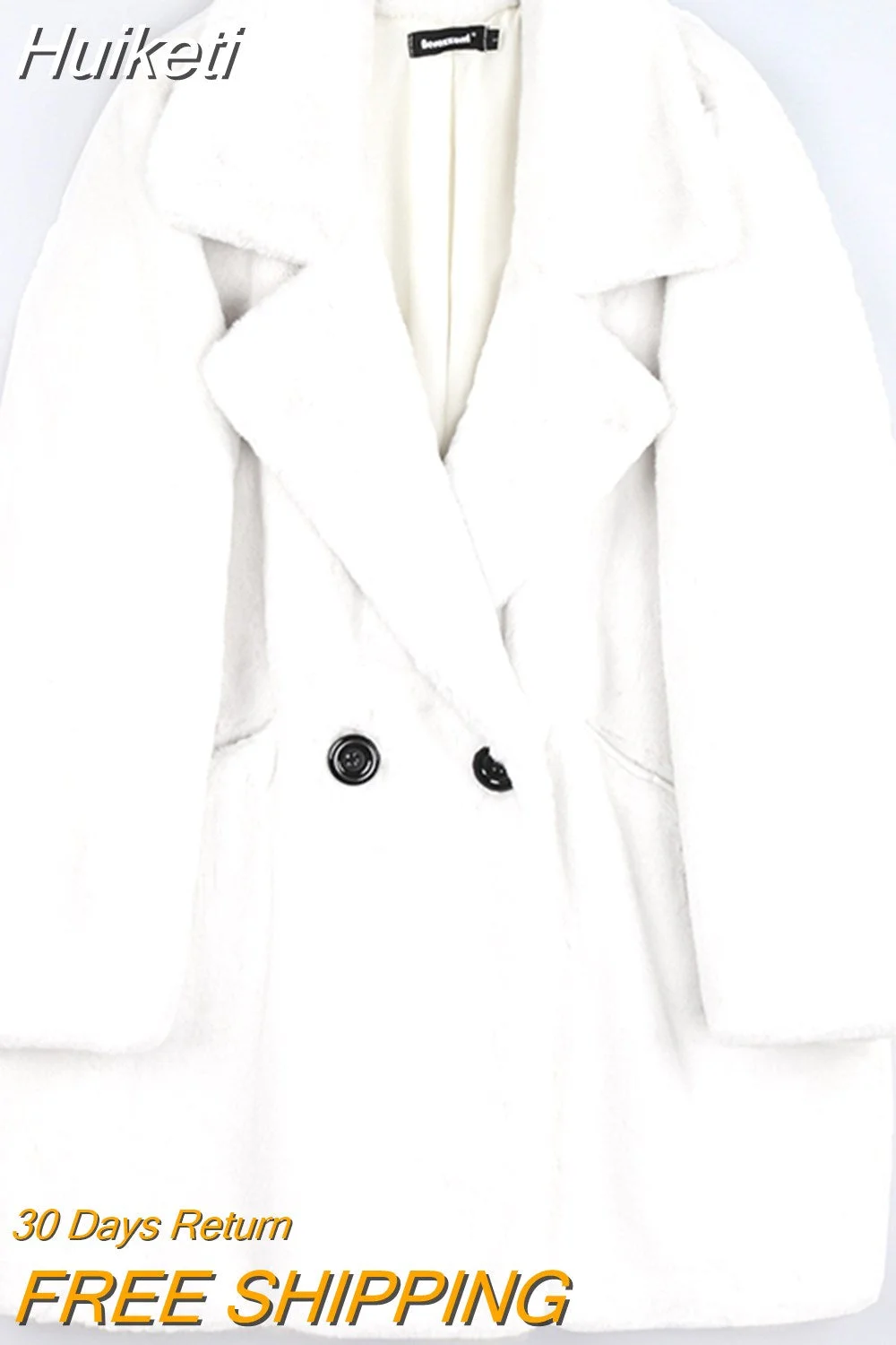 Huiketi Winter Warm White Faux Fur Coat Women Long Sleeve Lapel Double Breasted Luxury Elegant Fluffy Fake Rabbit Fur Blazers