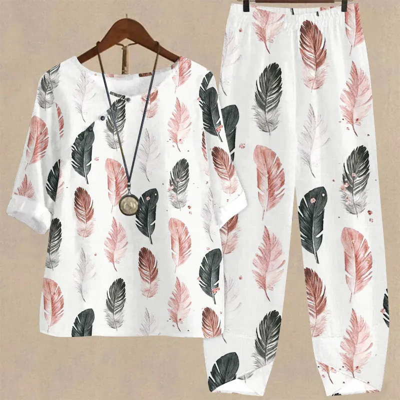 Women's Half Sleeve Scoop Neck Feather Printed Buttons Top & Pockets Design Long Pants Set