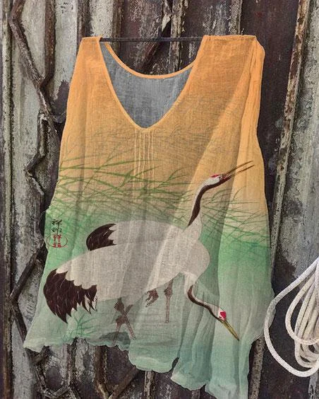 Ukiyo-e Ohara Koson Cranes Linen Tunic Shirt