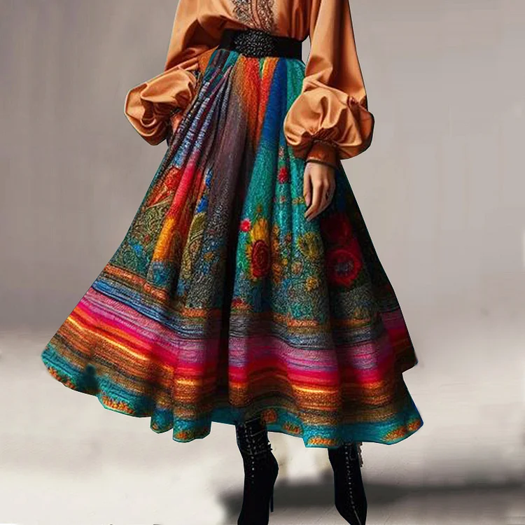 Boho Graphic Patchwork High Waist Maxi Skirt