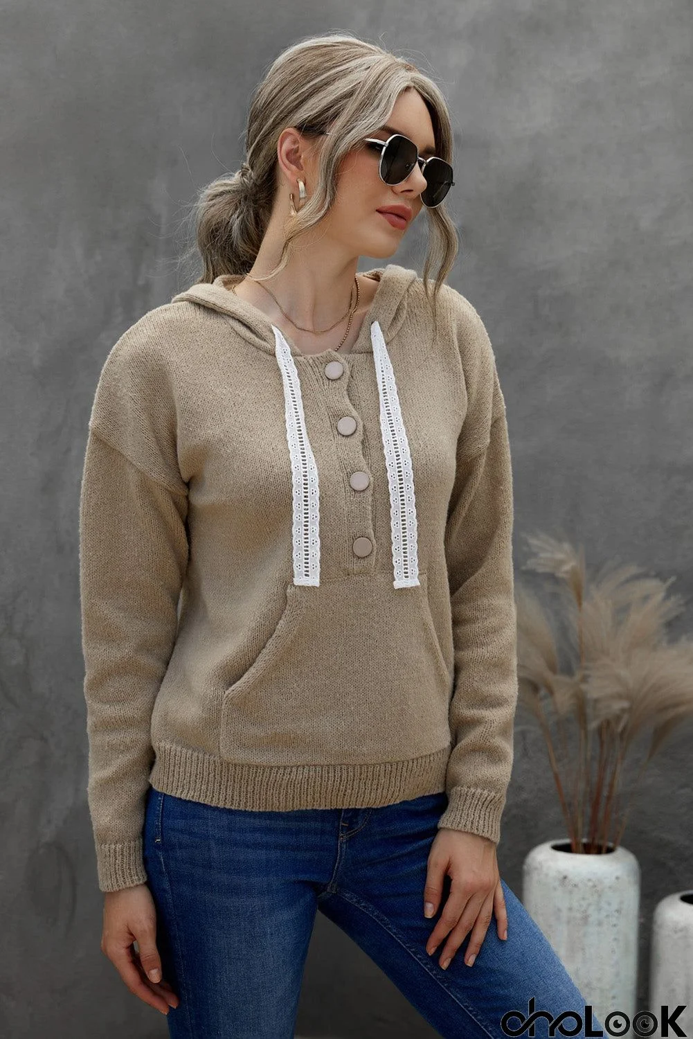 Women's Khaki Kangaroo Pocket Button Lace Drawstring Hooded Pullover Sweater
