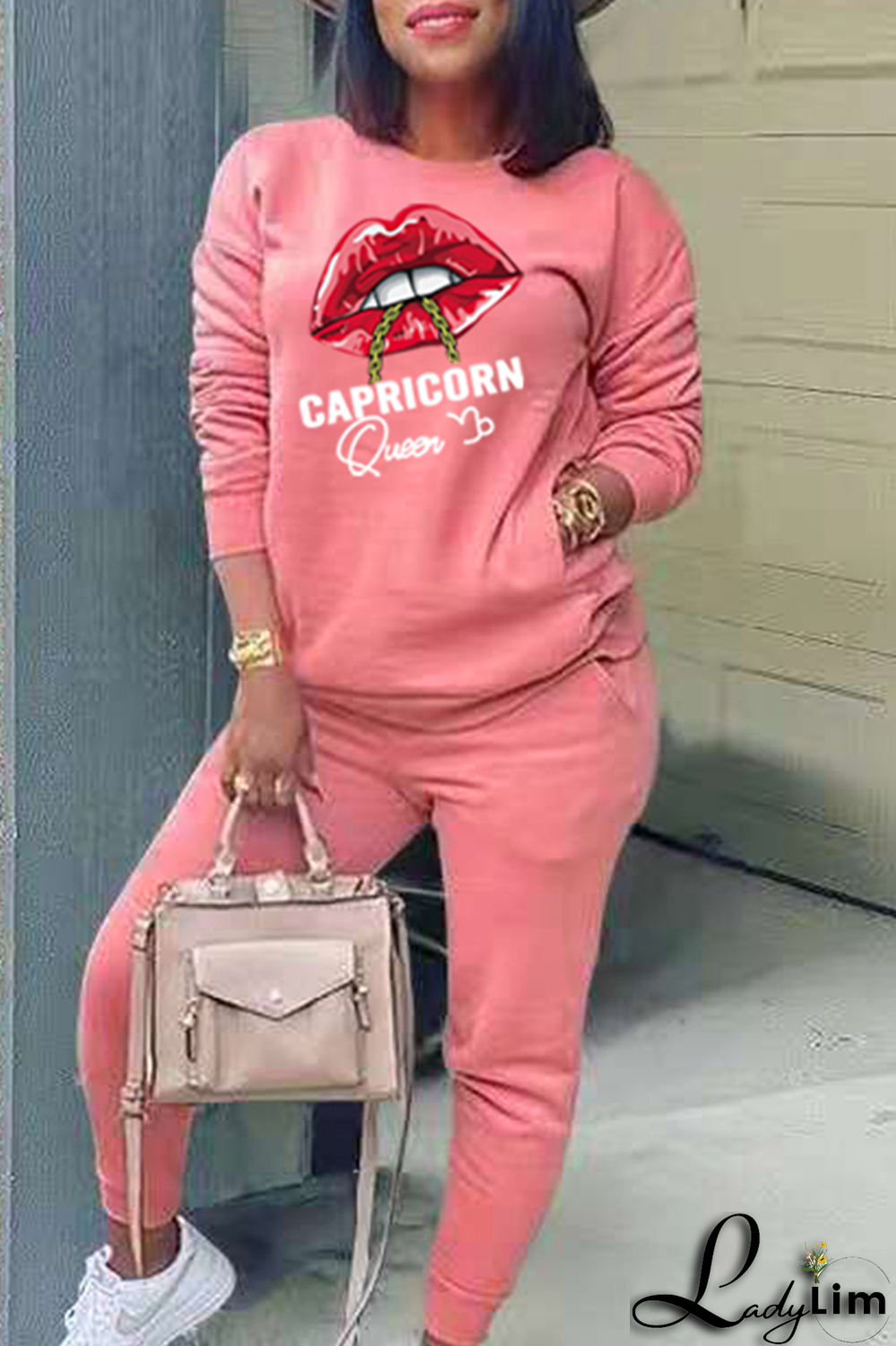 Yellow Fashion Lips Printed Patchwork O Neck Long Sleeve Two Pieces