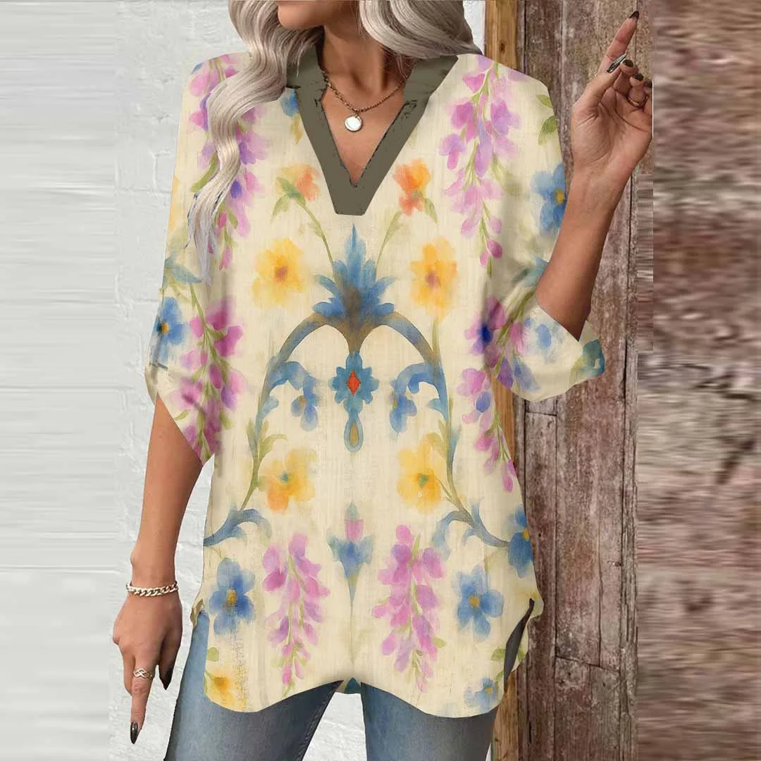 Women Bohemian,Yellow,Pink DZGA0255 3/4 Sleeve V-neck Printed Graphic Button Tops