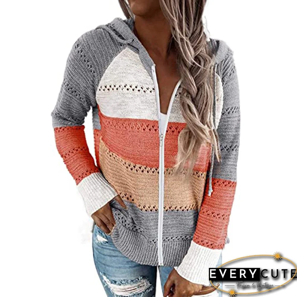 Gray Colorblock Zipper Up Hooded Sweater