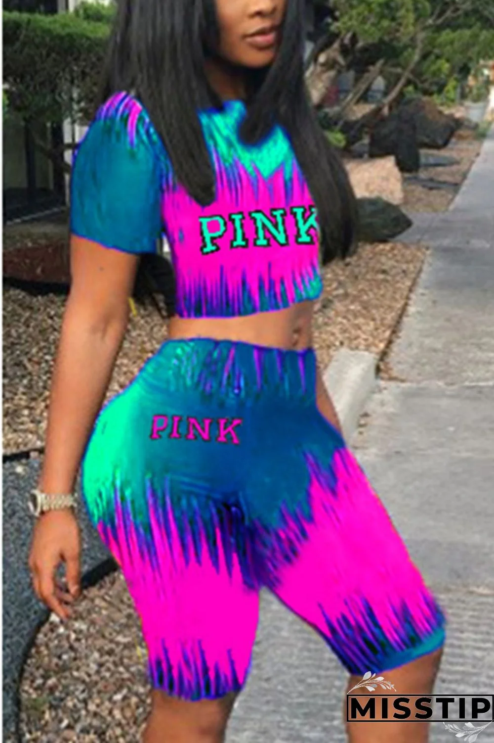 Pink Fashion Casual Sportswear Short Sleeve O Neck Regular Sleeve Short Print Two Pieces