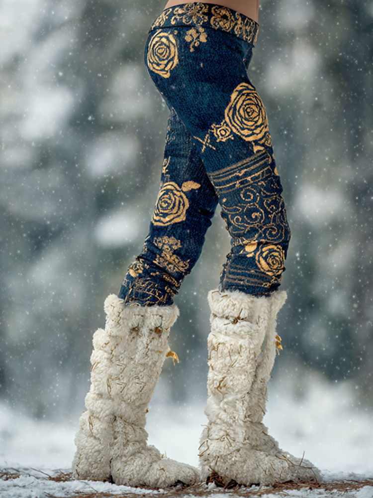 Viking Style Golden Rose Celtic Knot Art Knitted Leggings elevenforest