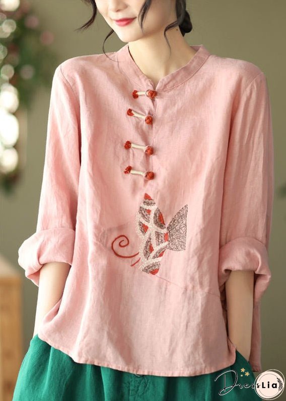 Plus Size Pink O-Neck Embroideried Linen Top Long Sleeve