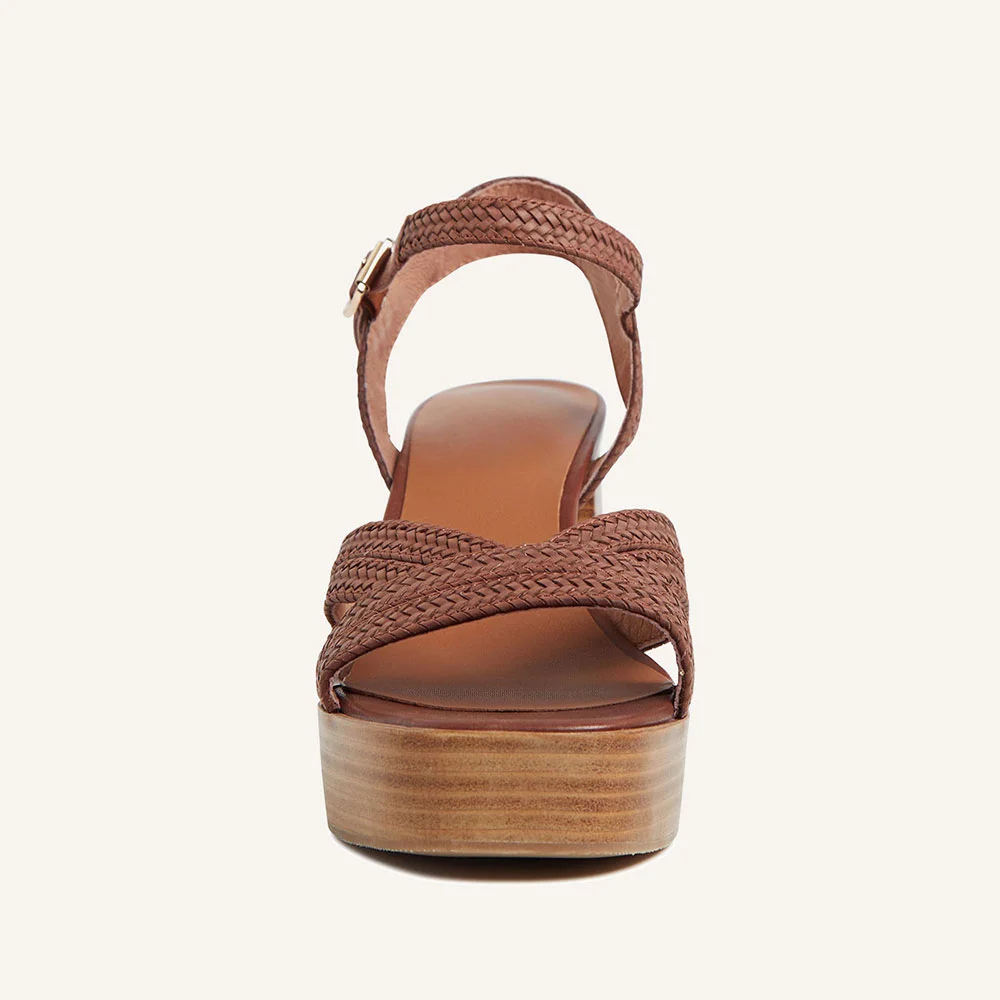 Brown Braided Open Square Toe Ankle Strap Block Heel Platform Sandals