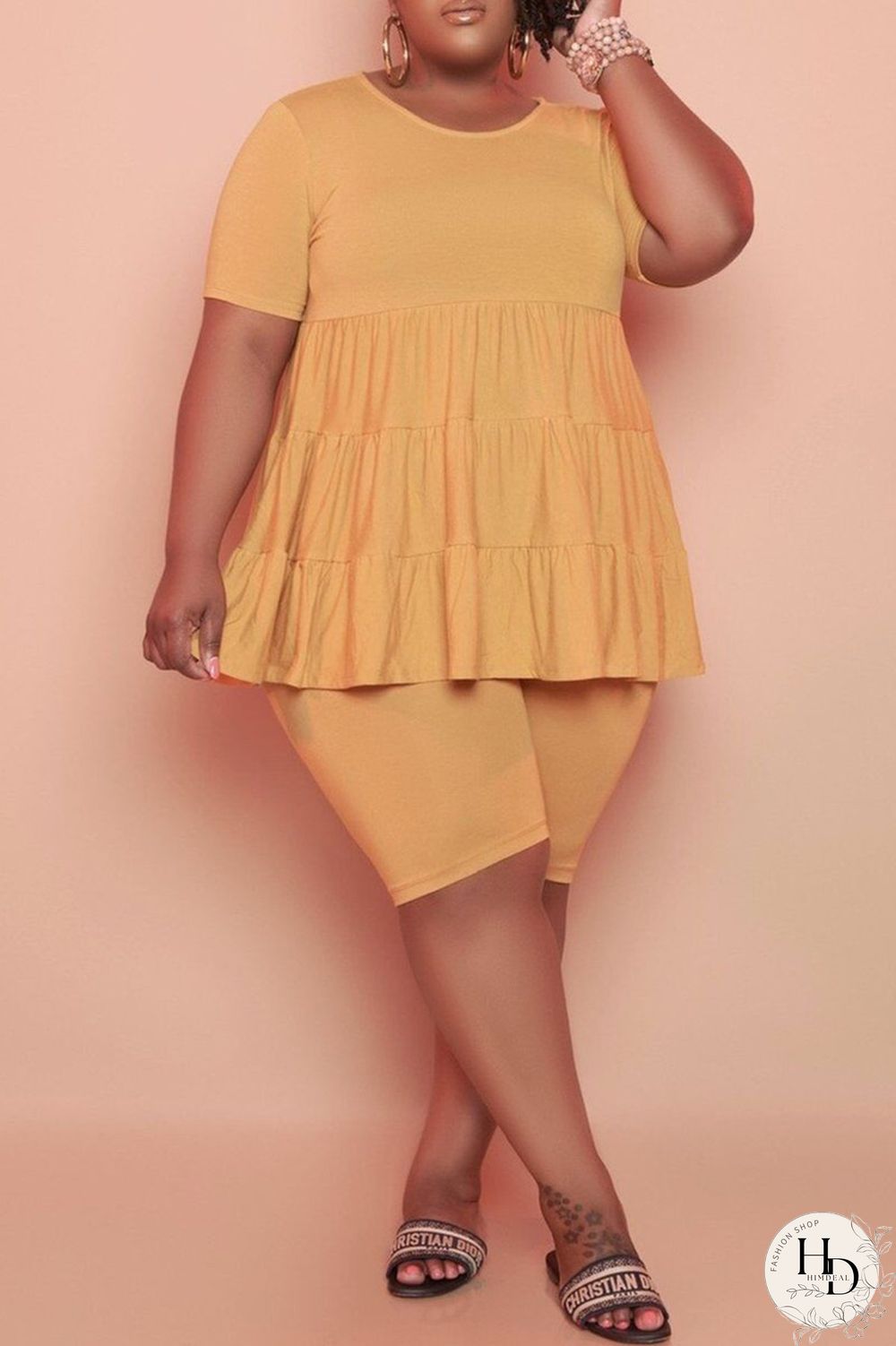 Yellow Fashion Casual Solid Basic O Neck Plus Size Two Pieces