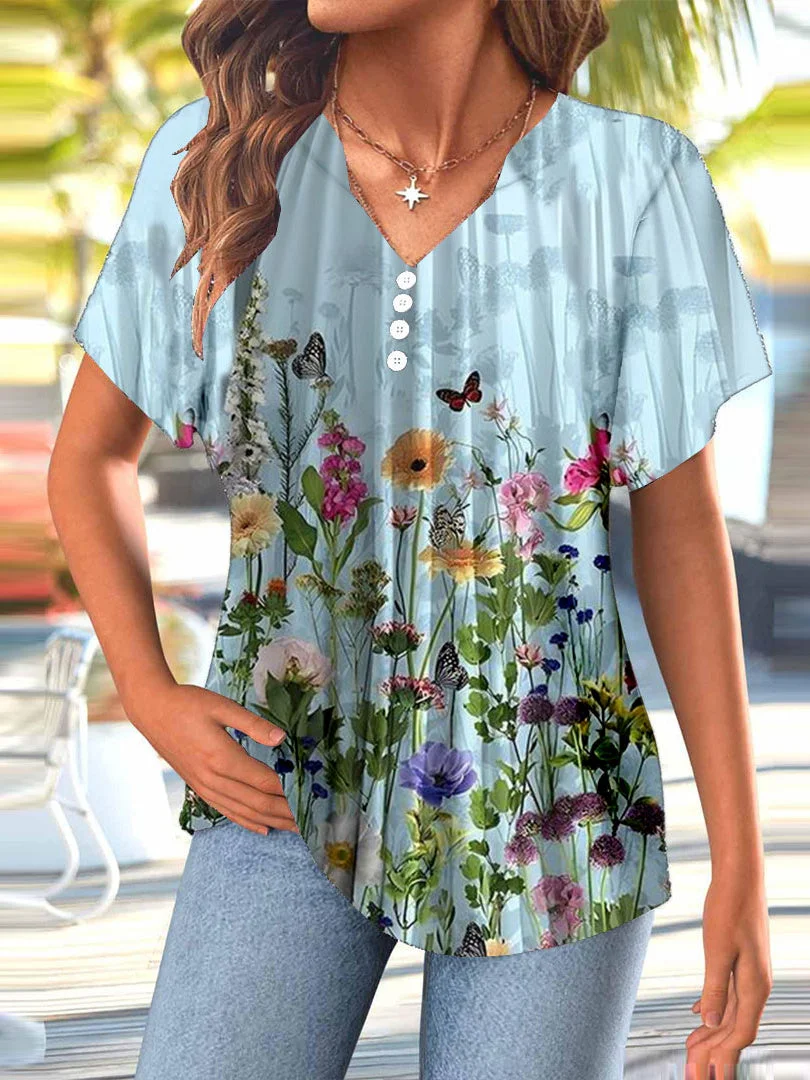 Women Short Sleeve V-neck Floral Printed Graphic Button Tops