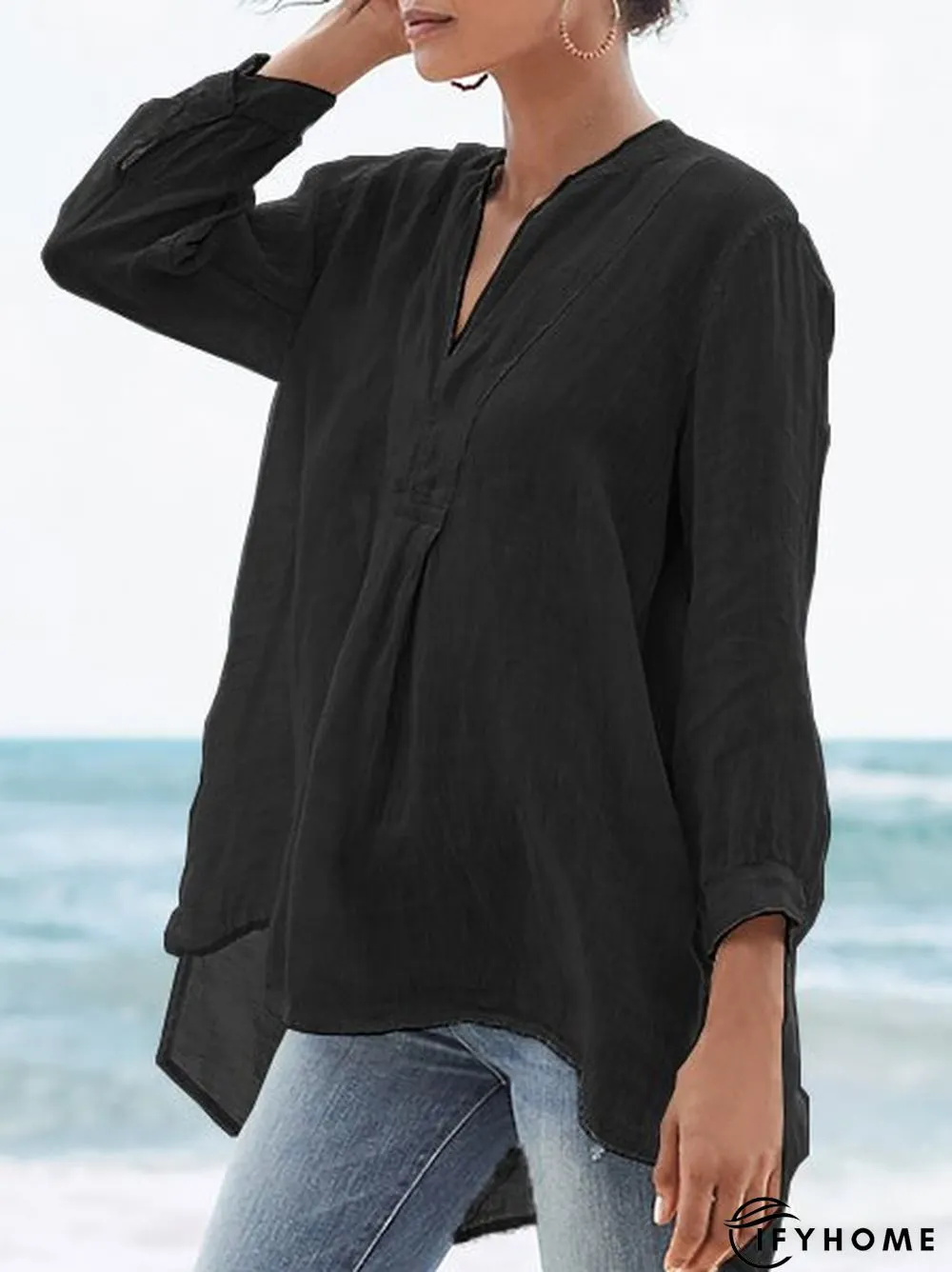 Solid V Neck Casual 3/4 Sleeve Plus Size Shirts | IFYHOME
