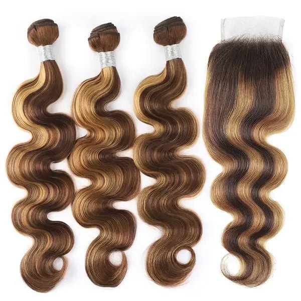 Highlight Bundles With Closure Brazilian Ombre Body Wave Hair Bundles With 4X4 Lace Closure P4/27 Honey Blonde Remy Hair Weave Bundles US Mall Lifes